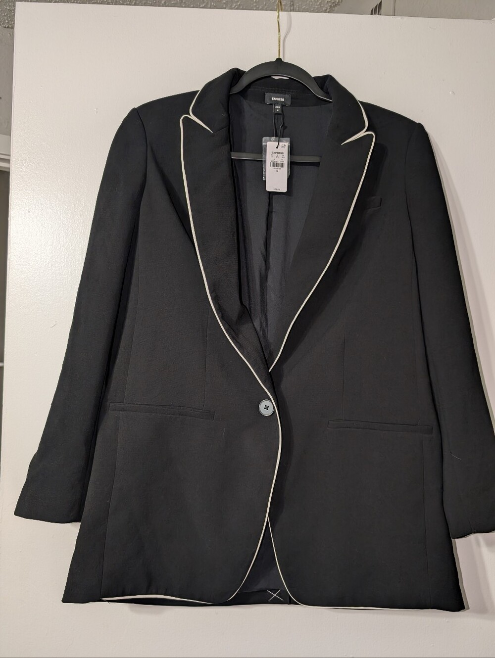 Express Single Button Black Blazer with White Piping NWT